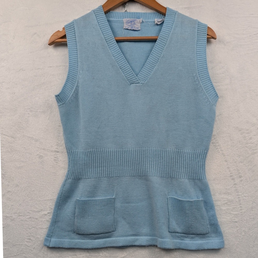VTG Northern Isles Sweater Vest Women's 40 Blue V-Neck Pocket Acrylic Preppy 70s